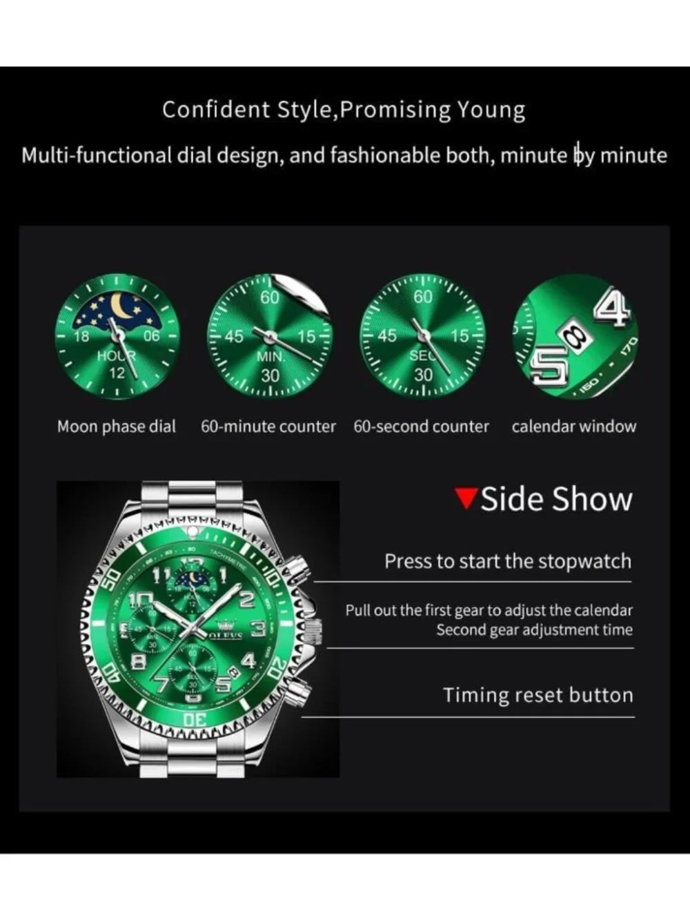 Luxury Men's Chronograph Watch - Stainless Steel, Waterproof, Luminous, Large